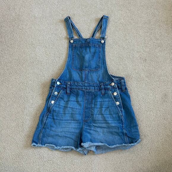 Madewell Adirondack High Rise Raw Hem Short Overalls Denville Medium Wash Size S - Picture 2 of 5